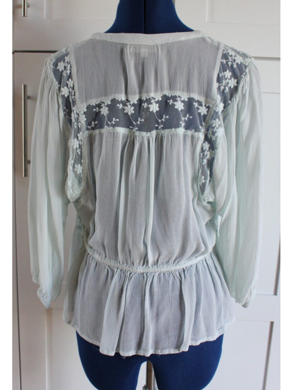 Vintage World Market Size S/M Mint Floral Lace Long Sleeve Button Up Blouse - Picture 8 of 14